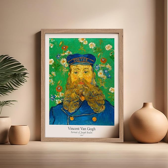 Monem Art Vintage Van Gogh Poster - Retro Portrait of the Joseph Roulin Print - Impressionism Art - Postman Art - Fine Art - Classic Painting Art - Living Room Wall Decor - 16x20 Beige Framed