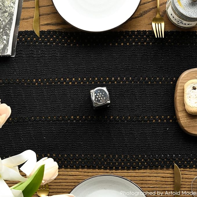 Artoid Mode Black Farmhouse Woven Rustic Hollow Table Runner, Seasonal Holiday Hollow Kitchen Dining Table Decoration for Home Party Decor 12x120 Inch