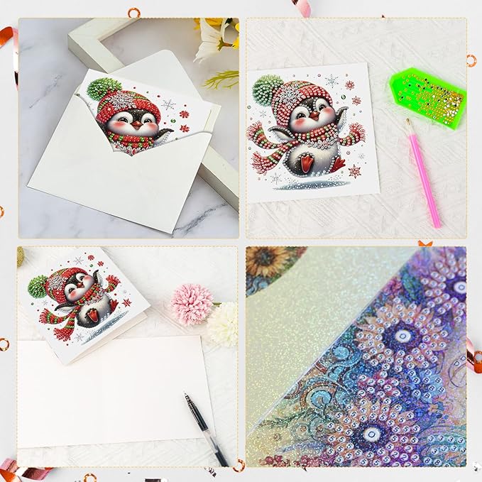 Focart Christmas Penguin Greeting Cards, Set of 6, Special Shaped Diamonds Painting, DIY Handcraft for Relatives and Friends with Wishes,Unique Design Crafting for Birthday or Holiday Cards