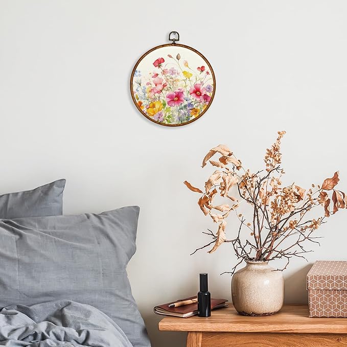KSDUT Spring Floral Botanical Wall Decor Art - Colorful Flower Wall Art Canvas Frame Hanging Prints, Preppy Trendy Wildflower Round Wall Art Decor for Farmhouse Gallery Home Decorations 10"x10"