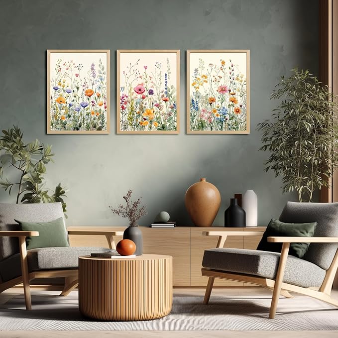 LLEEMPI Watercolor Floral Wall Art Set of 3, Colorful Wildflower Wall Decor, Modern Abstract Botanical Canvas Painting, Rustic Farmhouse Poster Print for Bedroom Bathroom Office Wood Framed 16x24 Inch