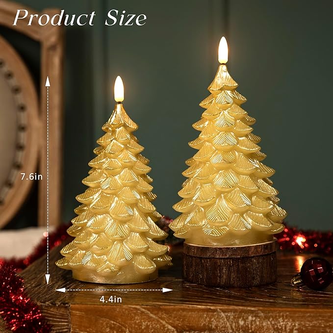 Flameless Candles with Remote Timer, 2 Pack Christmas Tree Candles Battery Operated LED Candles Real Wax Holiday Christmas Decoration for Bedroom Party Festival Gift Gold