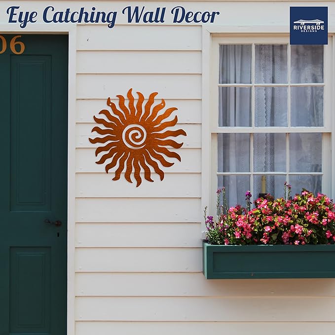 Riverside Designs Sunburst Metal Wall Art Steel Outdoor Decor - Heavy-Duty and Waterproof - Made in USA (24", Copper)