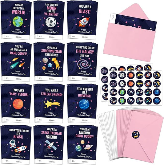 TICIAGA 144pcs Valentine’s Day Space Greeting Cards with Envelop and Sticker for Kid, 4 x 6 IN Planet Galaxy Notecard Exchange Gift for Boy Girl School Classroom Supply, Valentines Galaxy Party Favor
