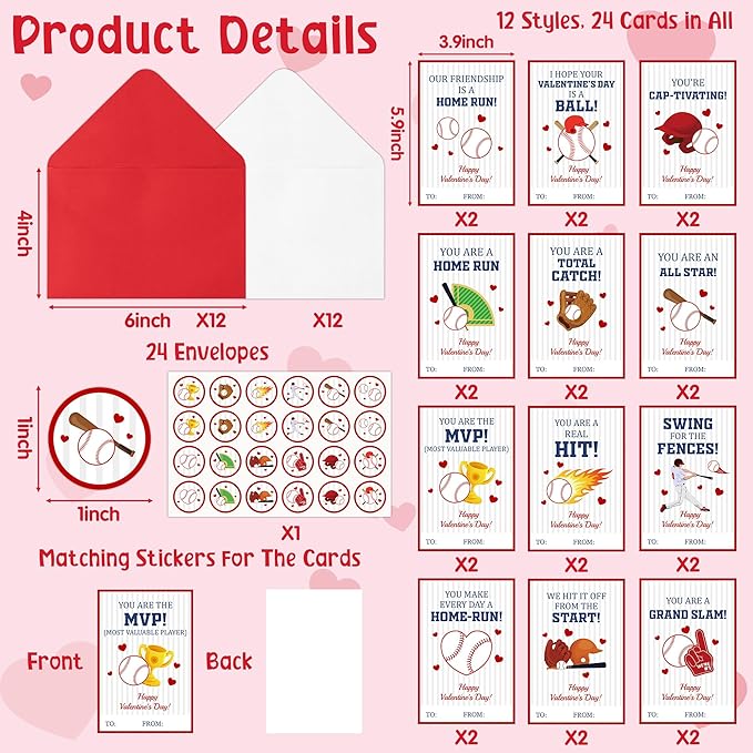 TICIAGA 72pcs Valentine’s Day Baseball Greeting Cards with Envelop and Stickers for Kids, 4 x 6 IN Sporty Design Baseball Exchange Gift Cards for Boys Girls Classroom Supplies, Valentines Party Favors
