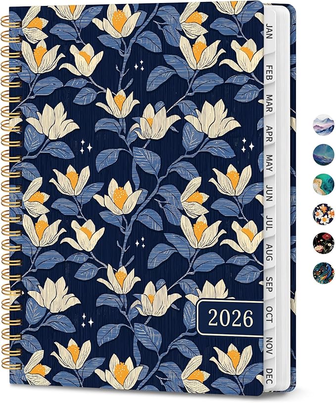 2026 Planner, Monthly and Weekly Calendar Planner for Women, Jan 2026 - Dec 2026, Hardcover Pretty 2026 Agenda Planner Book with Tabs, Spiral Bound, Perfect for School Office Home Supplies, 6.3" x 8.5" - Midnight Magnolia