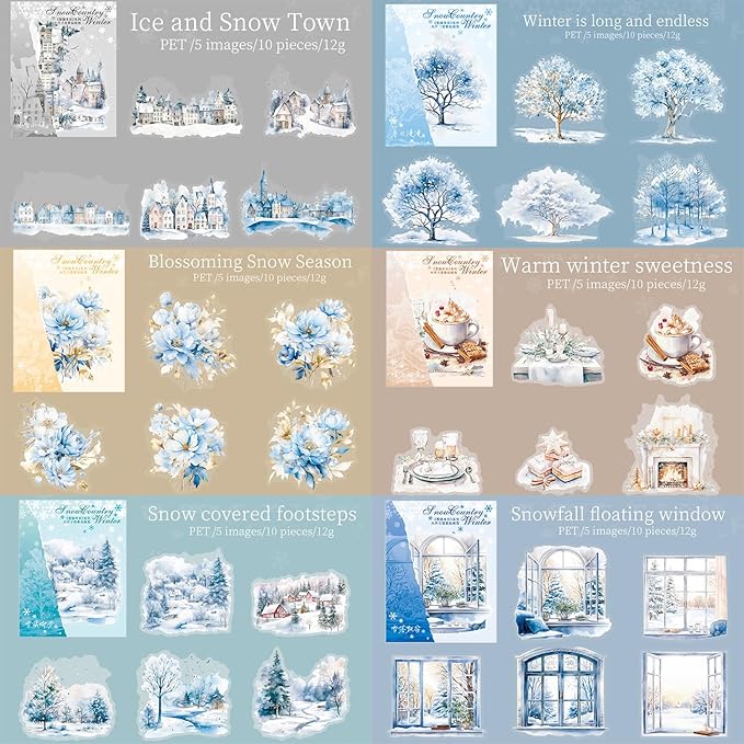 60Pcs Nature Scrapbook Stickers for Scrapbooking,Plant Flower Junk Journaling Supplies,Botanical Nature Stickers for Scrapbooking Supplies,Junk Journal Supplies,Sketchbook.(Snow Country