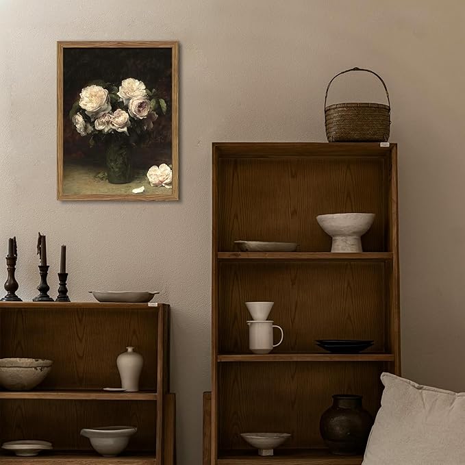 Vintage Floral Wall Art, Framed Moody Dark Roses Canvas Wall Art, Botanical Flowers Pictures Print, Retro White Roses Oil Painting Artwork Wall Decor for Bedroom Kitchen Bathroom – 12x16 inch
