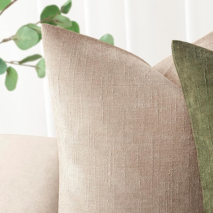 Foindtower Set of 2 Soft Textured Chenille Throw Decorative Pillow Covers Square Accent Solid Cushion Cover Cozy Neutral Farmhouse Pillow Case for Couch Sofa Bedroom Living Room 20x20 Inch,Cream Camel