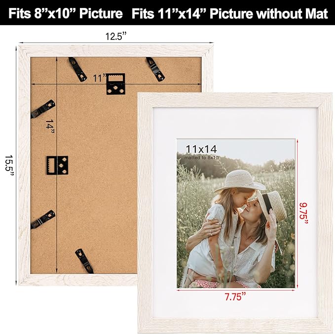 11x14 Picture Frame with Mat for 8x10 Set of 4, Rustic White Wood Grain 11 x 14 Gallery Wall Picture Frames for Wall Mounting(4 Pack, White)