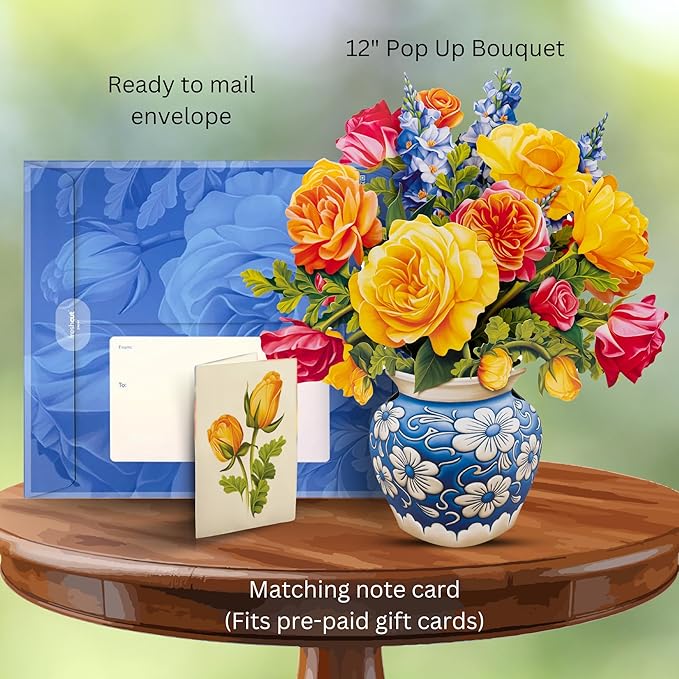 Freshcut Paper Pop Up Cards, Sorbet Roses, 12 Inch Life Sized Forever Flower Bouquet 3D Popup Greeting Card, Birthday Cards, Thank You Card, Blank Notecard & Envelope
