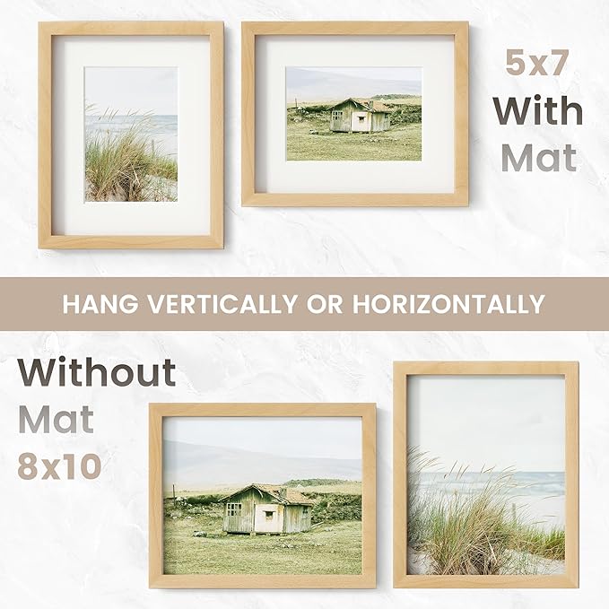 8x10 Picture Frame, USA-Sourced Natural Beech Wood Photo Collage Frame with HD Tempered Glass, Modern Simple 8 x 10 Wooden Frame Matted to 5x7, Gallery Wall Frames for Art, Wall or Tabletop Display
