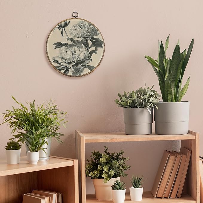 FUGWN Vintage Peony Floral Round Wall Art Decor Framed, Cottagecore Peony Flower Canvas Artwork Prints, Retro Classic Floral Wall Hanging Decorations for Home Bedroom Living Room, 10x10 Inch