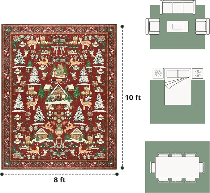 jinchan Christmas Rug 8x10 for Living Room Bedroom Maroon Holiday Decorative Rug for Dining Room Christmas Tree and Cabin Printed Large Xmas Decor Indoor Washable Non Slip Floor Carpet