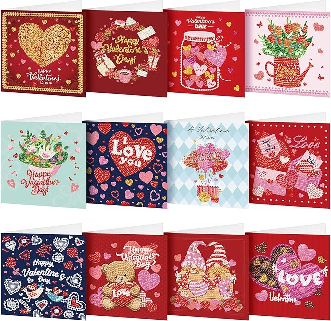 Saillong 12 Pack Valentine's Day Diamond Painting Greeting Card Kit Valentine Diamond Art Cards with Envelopes 5D Rhinestones Painting Making Kits for Adult DIY Craft Family Friend Holiday Gifts