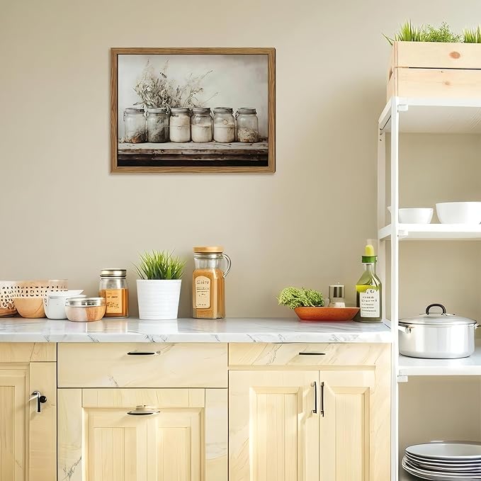 Framed Vintage Kitchen Canvas Wall Art, Rustic Farmhouse Mason Jar Pictures Wall Decor, Country Spice Still Life Paintings Prints Home Decor Artwork for Dining Room 12x16 inch