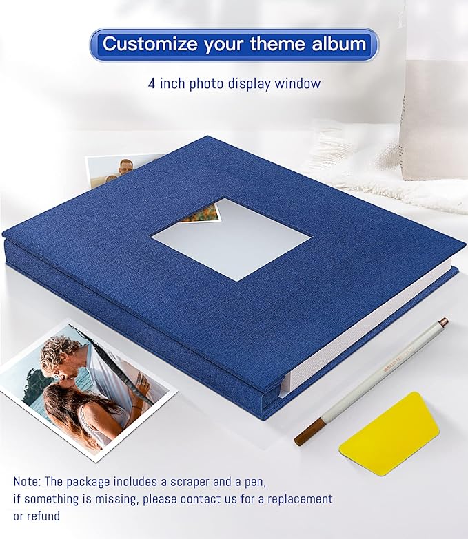 popotop Photo Album Self Adhesive with Picture Display Window,60 Pages DIY Scrapbooking Supplies Kit for 4x6 8x10 Picture,Linen Cover Memory Book for Baby Wedding, with Scraper and Metallic Pen