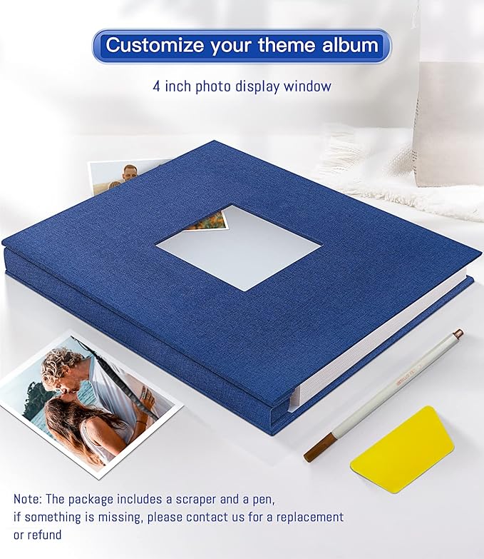 popotop Photo Album Self Adhesive with Picture Display Window,40 Pages DIY Scrapbooking Supplies Kit for 4x6 8x10 Picture,Linen Cover Memory Book for Baby Wedding, with Scraper and Metallic Pen