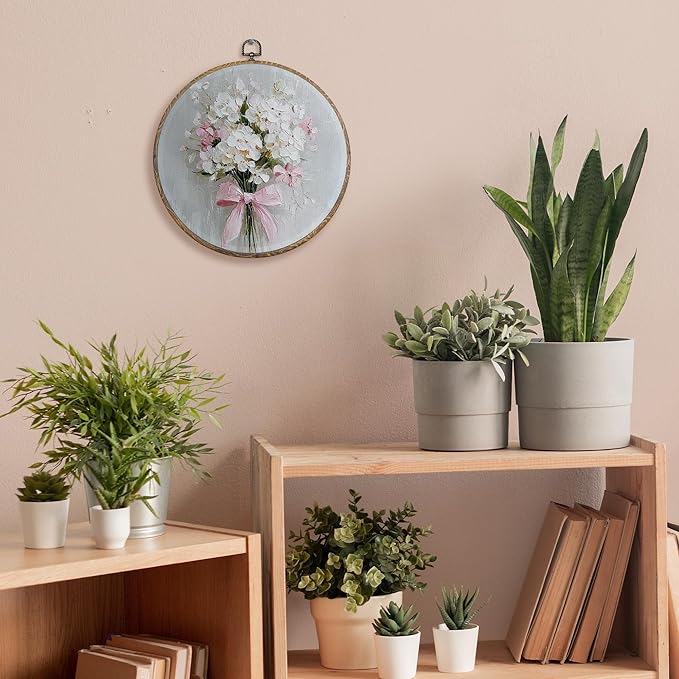 FUGWN Vintage Pink Bow Floral Round Wall Art Decor Framed, Cottagecore Floral Canvas Artwork Prints, Farmhouse Wildflowers Bouquet Wall Hanging Decorations for Home Bedroom Living Room, 10x10 Inch