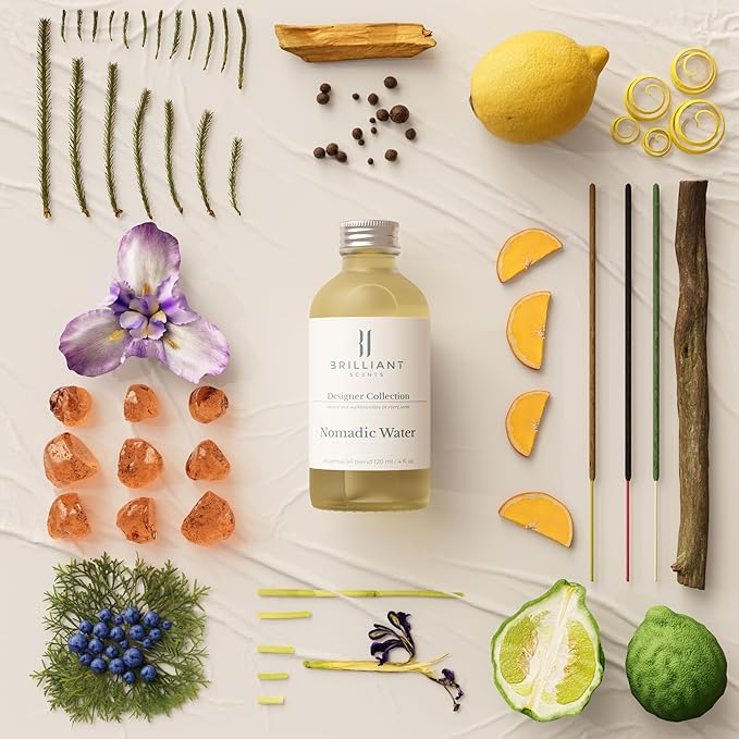 Brilliant Scents Nomadic Water Fragrance Oil 120ml - Premium Diffuser Oil for Home, Office, Hotels - Long Lasting, Plant-Based, Meets IFRA Standards, USA-Made - Lemon, Incense, Sandalwood