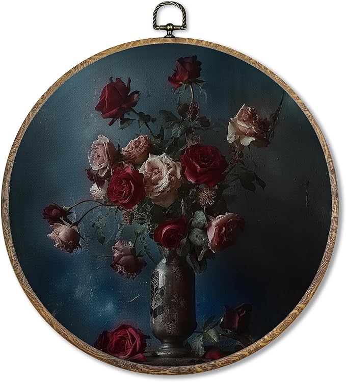 FUGWN Dark Moody Rose Round Wall Art Decor Framed, Dark Academia Floral Canvas Artwork Prints, Retro Red Rose Flower Botanical Wall Hanging Decorations for Home Living Room Bedroom, 10x10 Inch