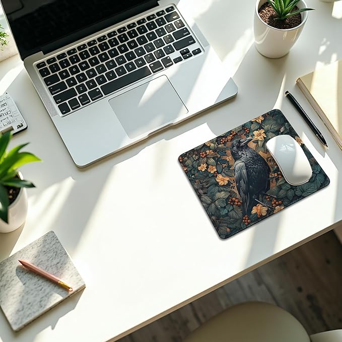 Vintage Moody Raven Mouse Pad, Dark Contemporary Botanical Crow Bird Mouse Pads Mousepad for Desk Home Office Dorm Computers Laptop, Gothic Nature Office Supplies Desk Accessories, 9.5x7.9 Inch