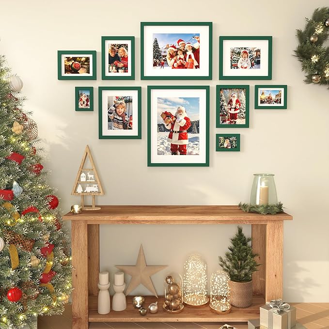 KINLINK 5x7 Picture Frame Green, Solid Wood Frames with Acrylic Plexiglass for 3.5x5/4x6 with Mat or 5x7 without Mat, Tabletop and Wall Display Photo Frame, Set of 4