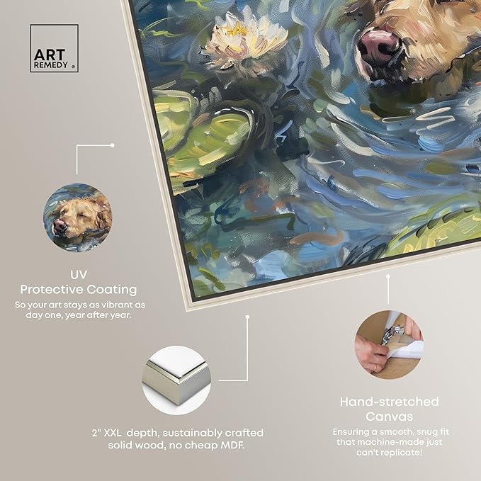 Art Remedy Monet Water Lilies Dog Rustic Chic Farmhouse Canvas Wall Art, Silver Floater Frame, 45"x36"