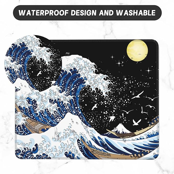 Mouse Pad, Japanese Kanagawa Anime Waves Mouse Pads for Desk,Waterproof Anti-Slip Rubber Gaming Mouse pad with Stitched Edges for Gaming Office Laptop Computer Men Women