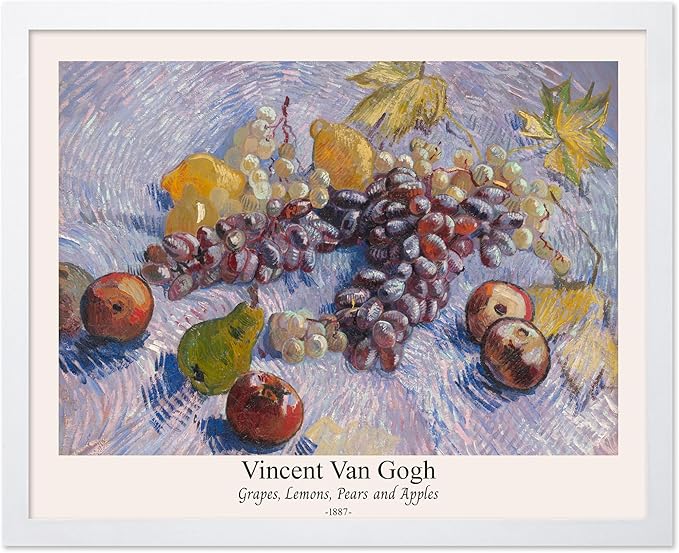 Monem Art Vintage Van Gogh Poster - Retro Grapes Lemons Pears and Apples Print - Impressionism Art - Fruit Art - Fine Art - Classic Painting Art - Great Kitchen Decor - 11x14 White Framed