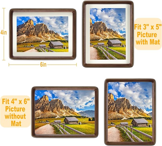 HELPLEX 4x6 Picture Frame Set of 2 - Solid Walnut Wood, Adjustable Mat for 3x5 & 4x6 Photos, Shatter-Resistant Glass - Wall & Tabletop Family Gallery, Modern Minimalist Home Decor