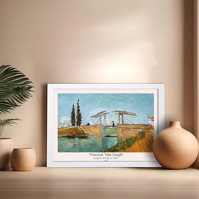 Monem Art Vintage Van Gogh Poster - Retro Langlois Bridge at Arles Print - Impressionism Art - Landscape Art - Fine Art - Classic Painting Art - Bedroom or Office Decor - 16x20 White Framed