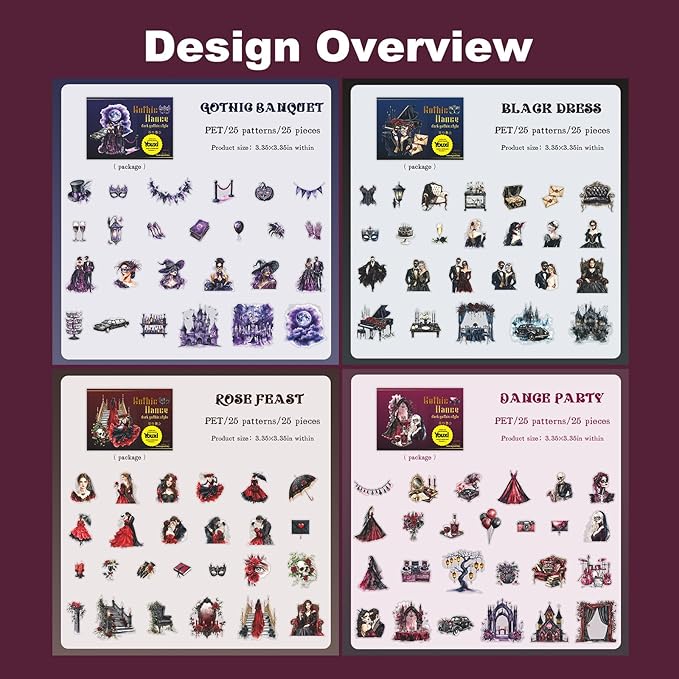Dark Gothic Ballroom PET Sticker Set, 100PCS Vintage Dance Ephemera for Scrapbooking, Journaling, DIY Crafts, and Planner Supplies