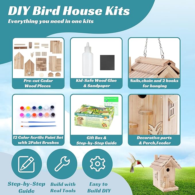 Wooden Birdhouse Kit for Adults to Build, DIY Bird House Craft Kits to Paint, Adult Woodworking Building Kits Birdhouse for Outside, Garden, Yard (Wood, 8.5in)