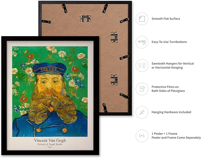 Monem Art Vintage Van Gogh Poster - Retro Portrait of the Joseph Roulin Print - Impressionism Art - Postman Art - Fine Art - Classic Painting Art - Living Room Wall Decor - 8x10 Black Framed