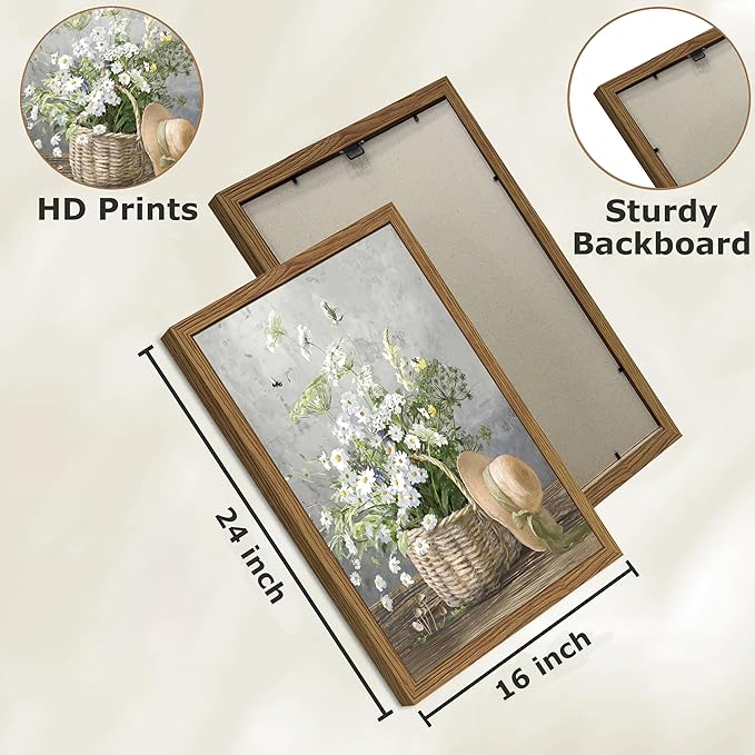 Framed Rustic Daisy Canvas Wall Art, Vintage Farmhouse Floral Pictures Wall Decor, Country Flower Botanical Paintings Prints Aesthetic Home Decor for Living Room Bathroom Bedroom 16X24 inch
