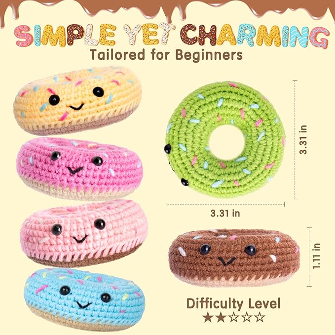 Crochet Kit for Beginners, Beginner Crochet Starter Kit w Step-by-Step Video Tutorials, Learn to Crochet Kits for Adults, DIY Knitting Supplies, 6-Pack Donuts (40%+ Yarn Content)