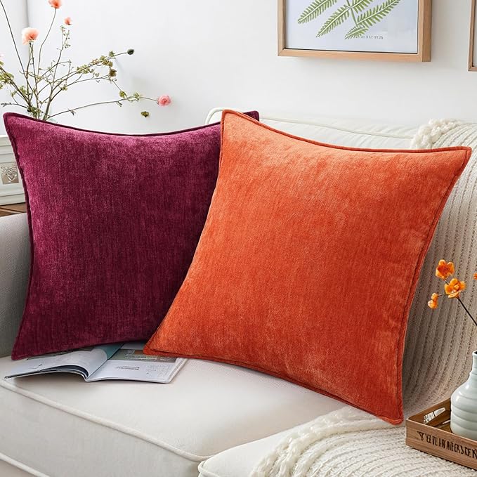 decorUhome Spring Couch Throw Pillow Covers 16x16 Set of 2, Decorative Soft Velvet Neutral Chenille Pillow Covers with Elegant Design for Sofa Bed Living Room Home Decor, Rhododendron