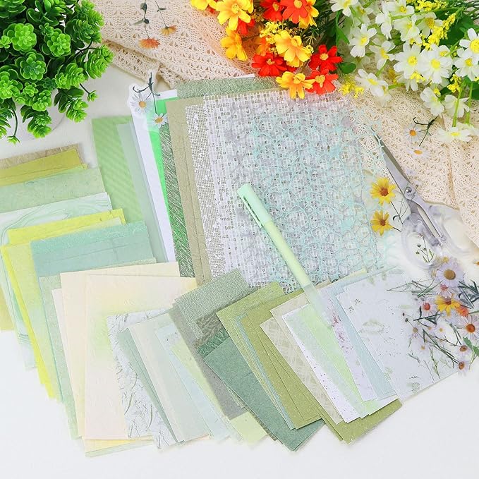 Koqye 131PCS Aesthetic Scrapbook Paper Pack, Junk Journal Supplies Starter Kit with Floral Stickers, Scissors, Quick Dry Glue Pen, Scrapbook Kit for Planner DIY Arts Craft Collage(Botanical Sage)