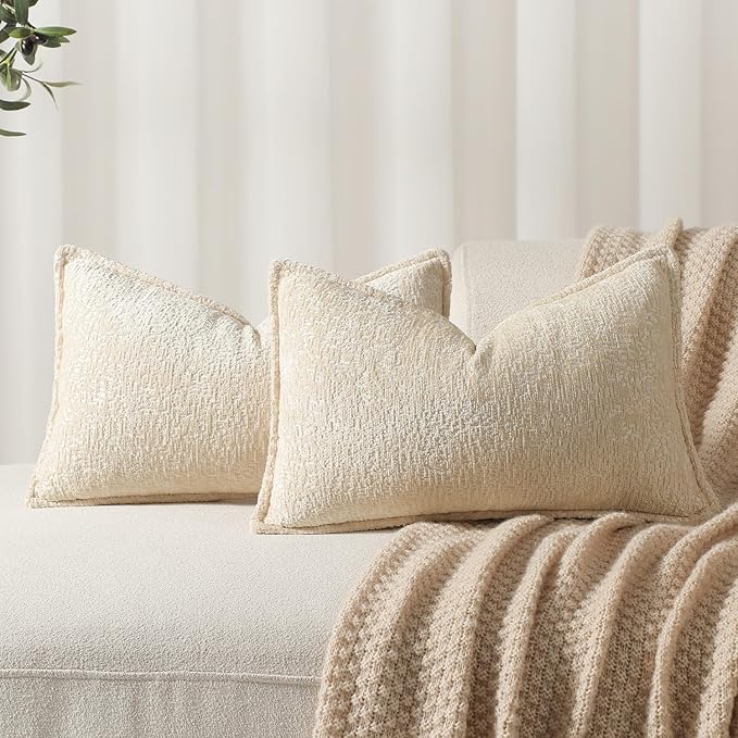 Pack of 2 Beige Decorative Throw Pillow Covers 12x20 Cozy Soft Chenille Boho Accent Vintage Farmhouse Rectangular Lumbar Couch Pillow Covers for Home Decor Bed Sofa Living Room