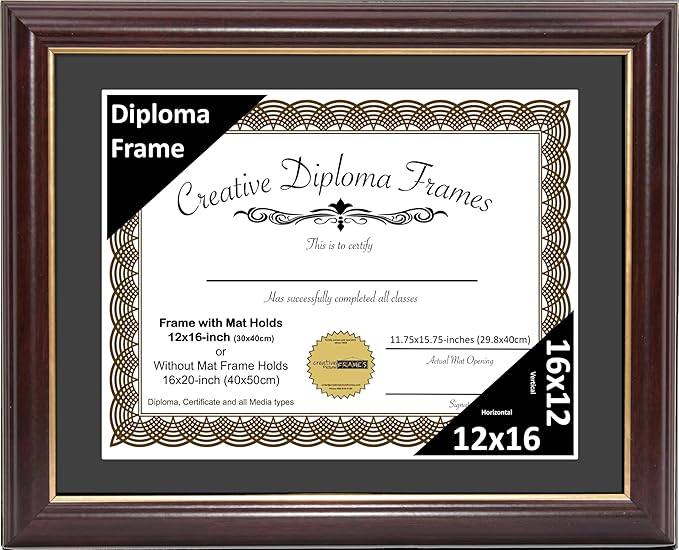 Creative Picture Frames 12x16 Mahogany Gold Rim Diploma Frame with Black Mat Glass and Installed Wall Hangers | Frame Holds 16x20 Media without Mat