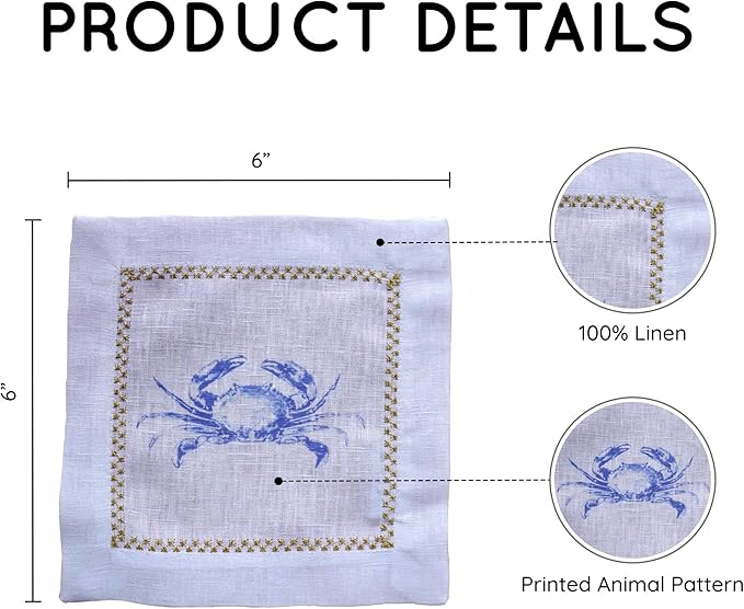Cocktail Napkins Set of 6, 6x6 inch, 100% Linen, Printed Animal Pattern, Reusable & Washable Cloth Coasters for Beverages, Hosting, Gifting & Everyday Use (Crab)