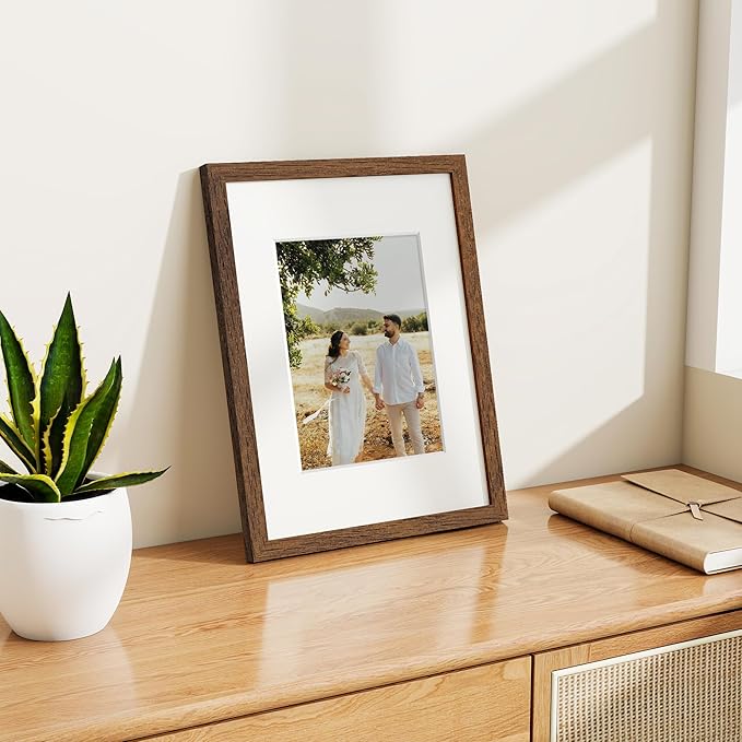 Dreamland Picture Frame 9x12, Solid Oak Wood Photo Frame with Mat for 6x8, 9 x 12 Matted Picture Frames with Resistant Plexiglass for Wall Art Photo and Prints, Walnut Color, Set of 3