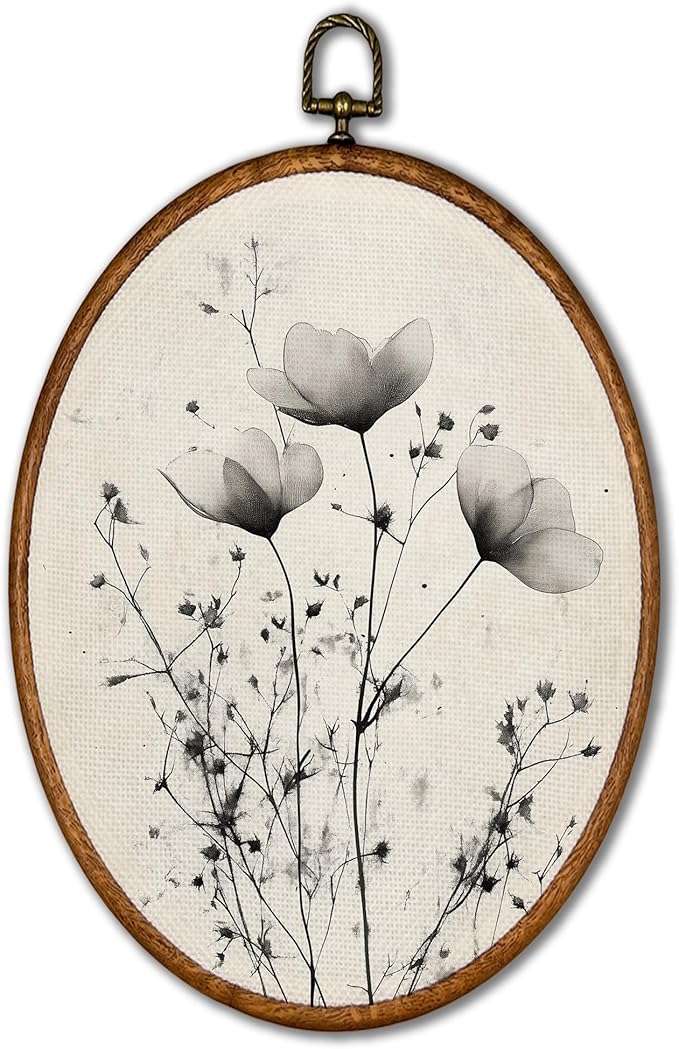 KSDUT Vintage Boho Mid Century Flower Floral Wall Decor Art - Black Botanical Neutral Wall Art Canvas Frame Hanging Prints, Retro Landscape Wildflower Oval Wall Art Decor for Home Decor 8.6"x11.4"