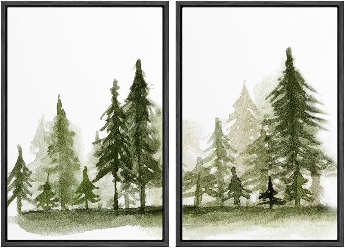 SIGNWIN Framed Wall Art Print Set Watercolor Dark Green Forest Pine Trees Nature Wilderness Illustrations Modern Art Rustic Relax/Calm Multicolor for Living Room, Bedroom, Office - 24"x36"x2 Black