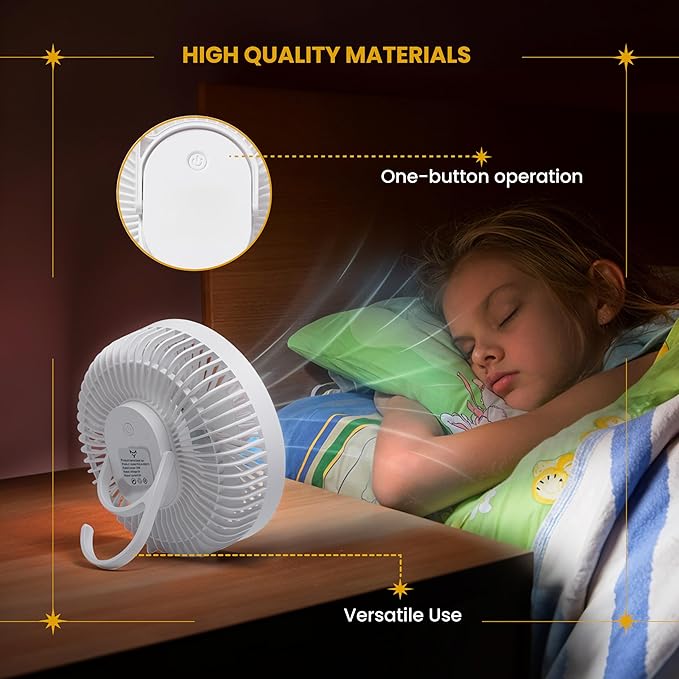 Brynnberg Portable Indoor Fan – Rechargeable Table Fan for Home, Office & Bedroom – Quiet Air Circulation Desk Fan with Adjustable Angle, Hanging Hook & Long Battery Life – Compact White 8.6 x 3.9in