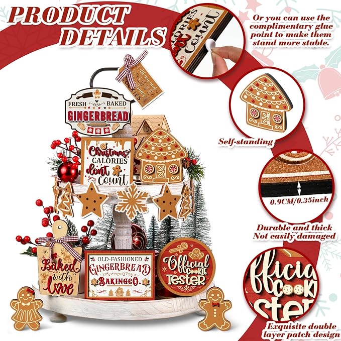 Kajaia 15 Pcs Christmas Tiered Tray Decor Winter Tiered Tray Decorations Set Snowman Snowflake Gingerbread Man Hot Cocoa Wooden Signs Farmhouse Christmas Table Decorations(Gingerbread Man)