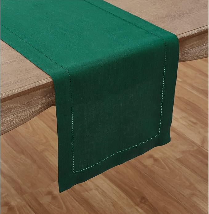 Solino Home Linen Rainforest Green Table Runner 132 Inches Long - 100% Pure Linen Extra Long Table Runner 14 x 132 Inch for Winter, St Patricks Day - Classic Hemstitch