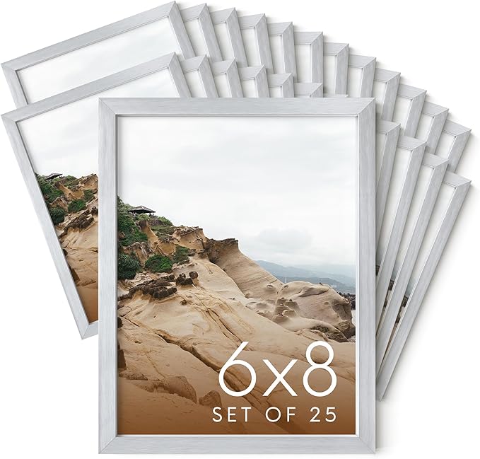 HAUS AND HUES 6x8 Silver Metal Picture Frames - Bulk Frames 6x8 - Features Premium Aluminum, Vertical Hanging, Easel Back for Tabletop, Home, Office (6x8 in, Silver, Set of 25)