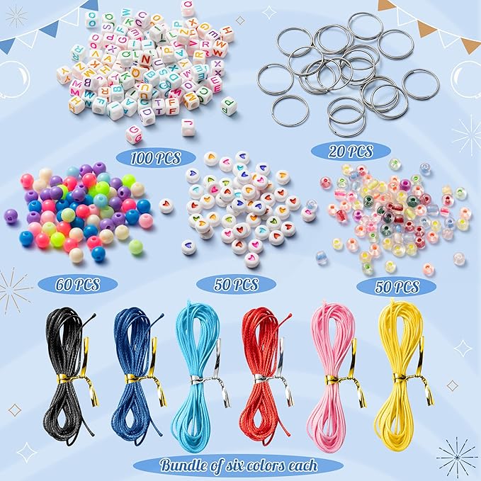 WATINC 286Pcs DIY Keychain Making Craft Kits,Beads for Jewelry Making Set Supplies with Colorful Alphabet Transparent Beads, Bag Charm Bracelets Key Ring Accessories Festival Party Favor for Women Men